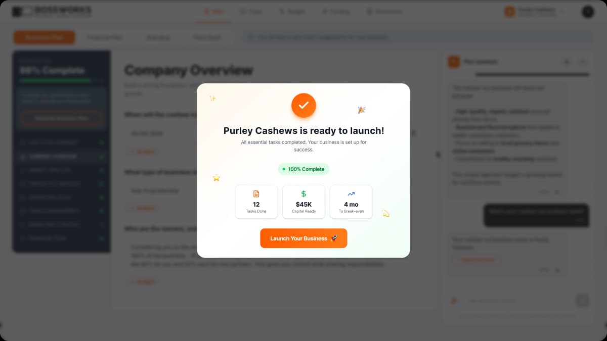 The launch completion screen — all tasks complete, permit and funding status summary, and live website URL