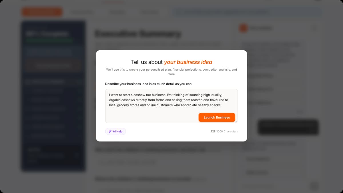 The idea input screen — describe your business idea, select a type, and enter your city