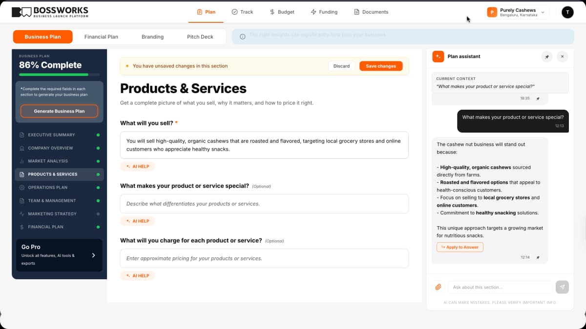 The AI Assistant chat panel — Finance Assistant answering a pricing question with business plan context