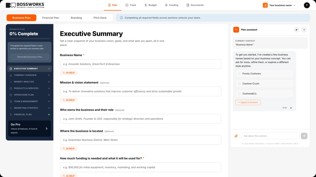 The generated plan dashboard — business plan tabs, 24-month financial projection, and launch checklist