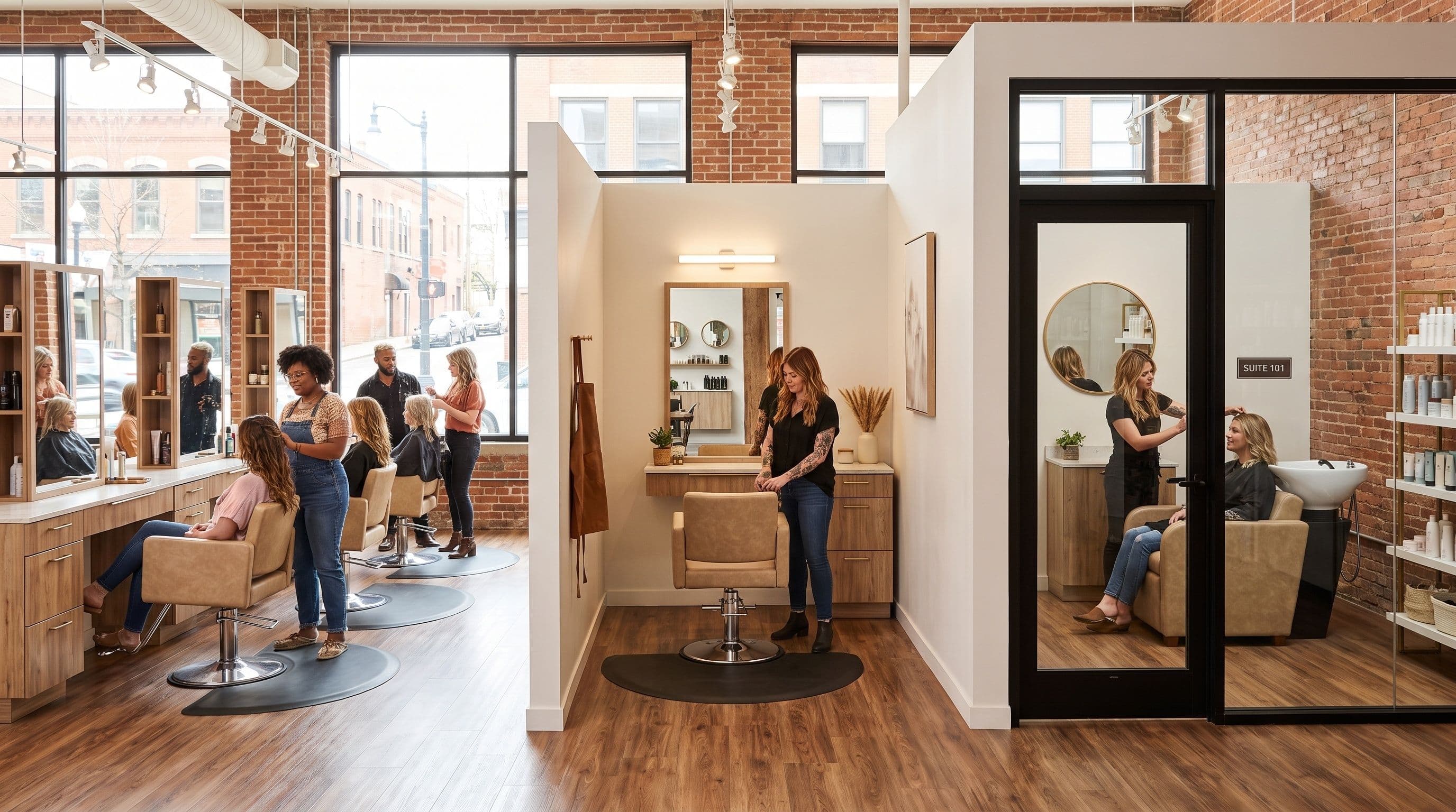 Stylists work with clients in a modern salon with exposed brick walls, wooden floors, and a private suite.