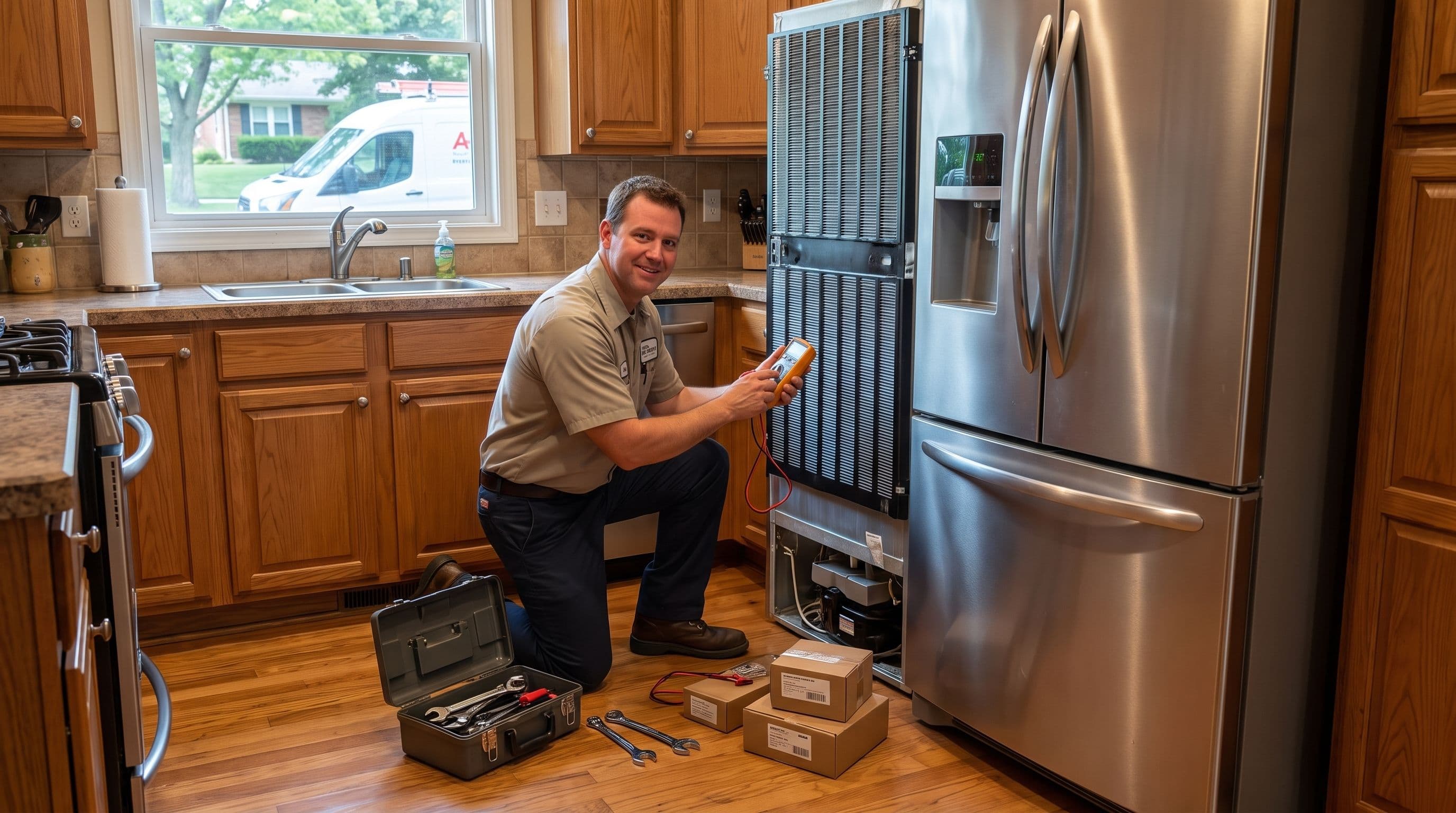 A technician kneels on a kitchen floor, using a multimeter on the exposed inner workings of a stainless steel refrigerator next to an open toolbox