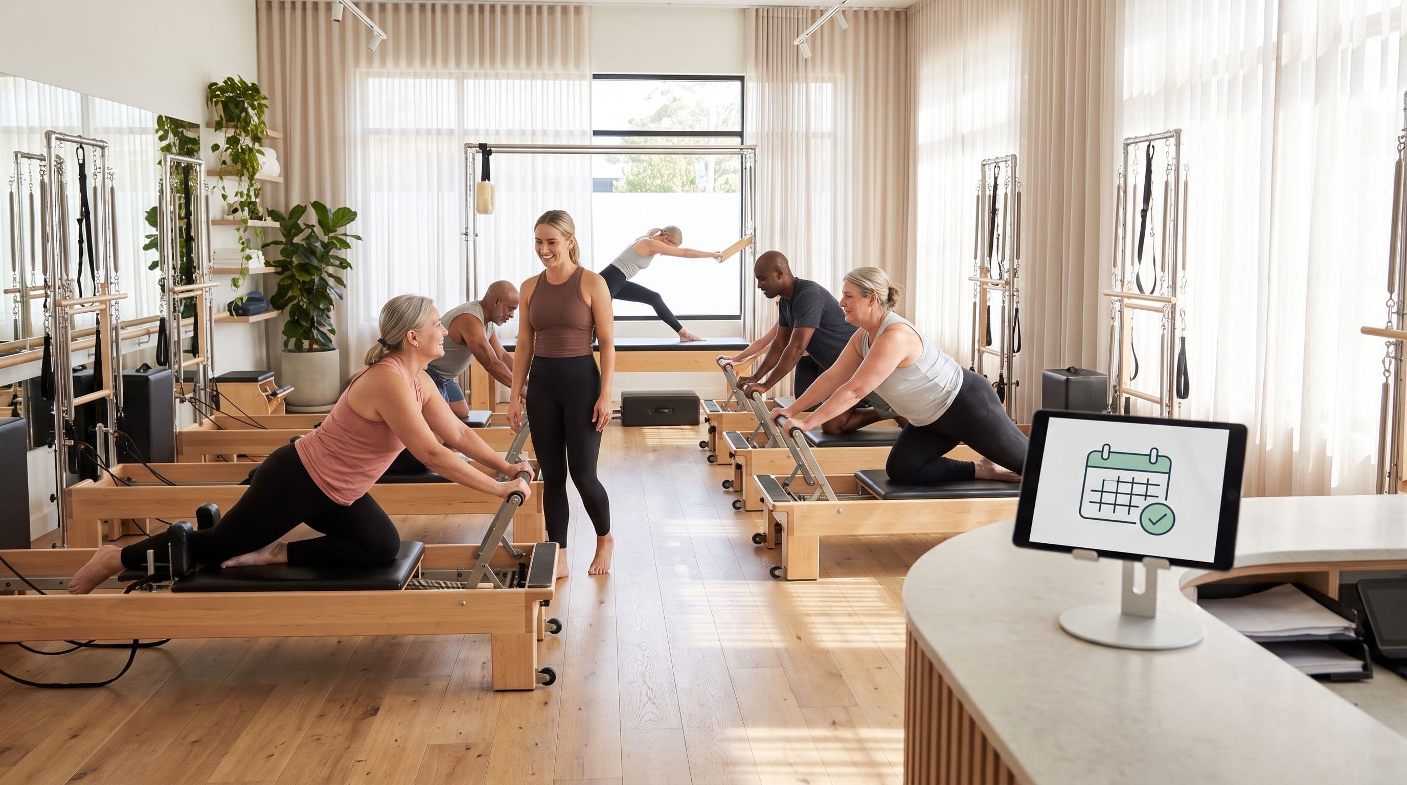 A group of people participate in a reformer pilates class in a brightly lit studio, while a tablet at reception displays a calendar icon