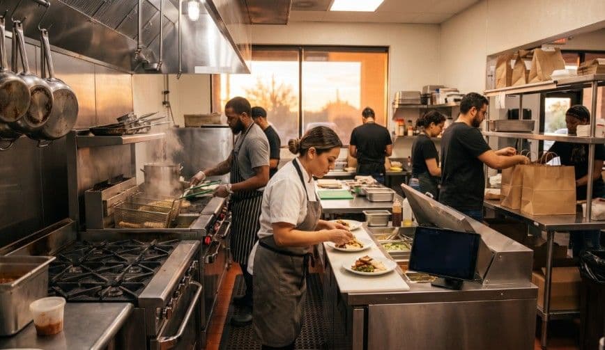 A busy commercial kitchen features cooks preparing food at counters and a tablet displaying the text "BOSS WORKS".