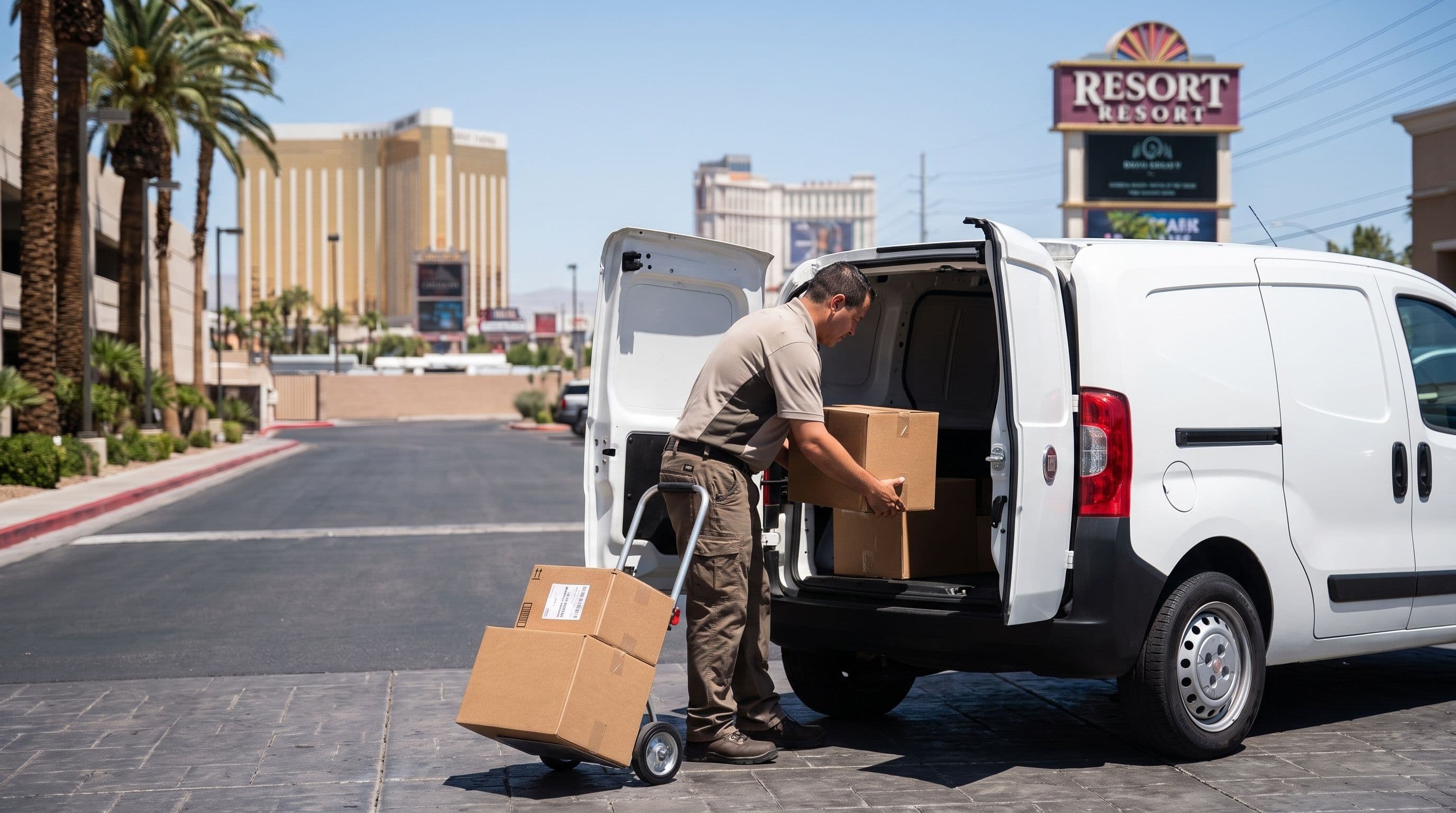 A delivery driver loads a brown cardboard box into the back of a white van, with a hand truck holding two more boxes on the sidewalk