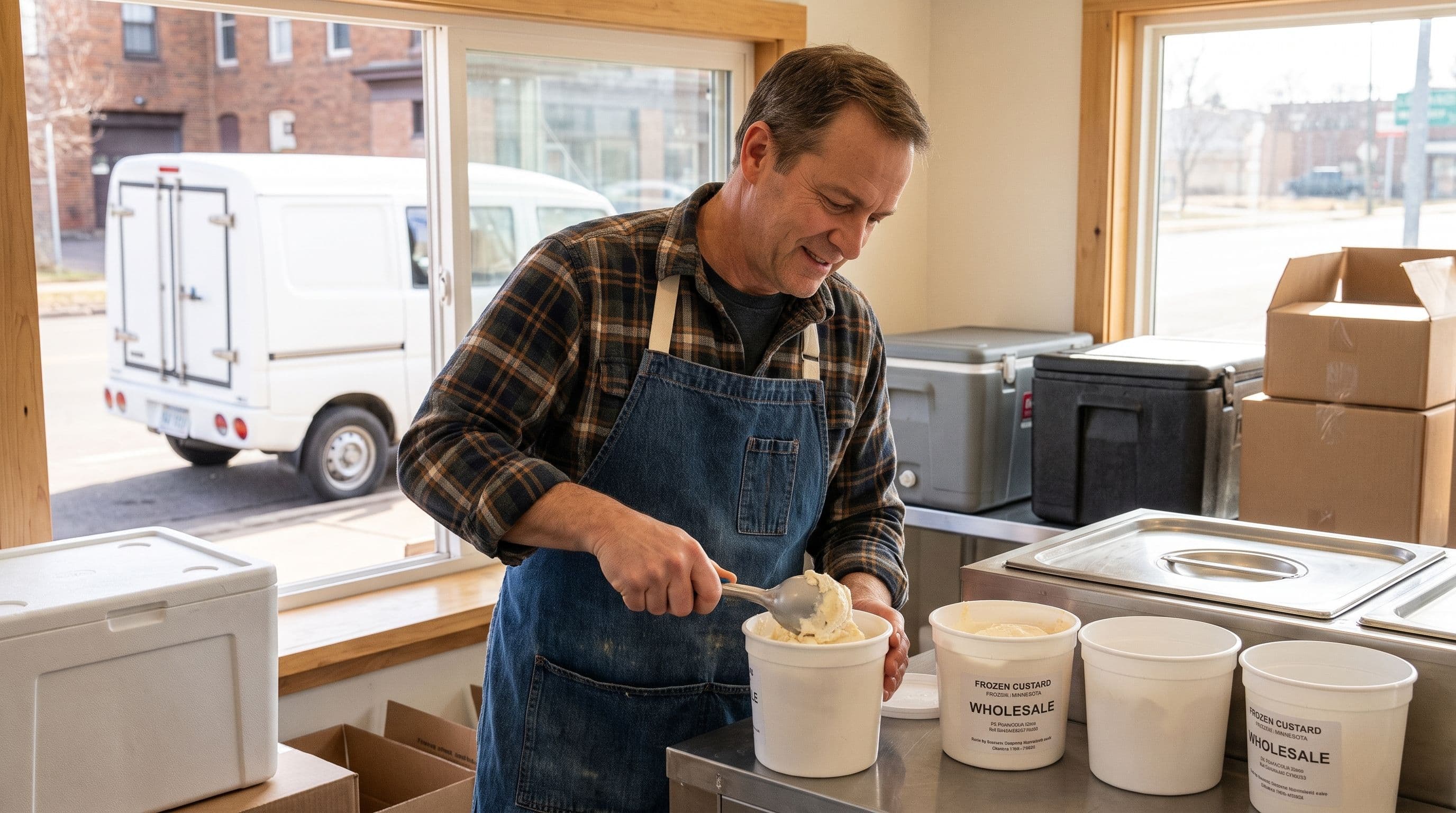 A man wearing an apron scoops frozen custard into a tub labeled "FROZEN CUSTARD WHOLESALE" in a bright kitchen.