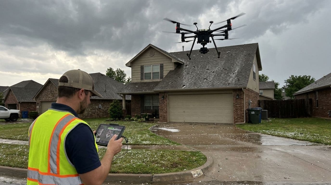 An insurance adjuster in a yellow vest flies a drone to inspect a hail-damaged roof in a suburb