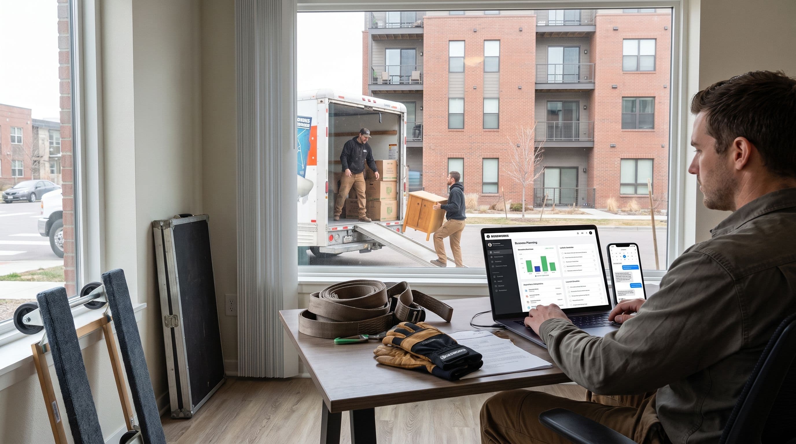 A man sits at a desk with a laptop and phone, while outside his window, two workers load boxes into a moving truck