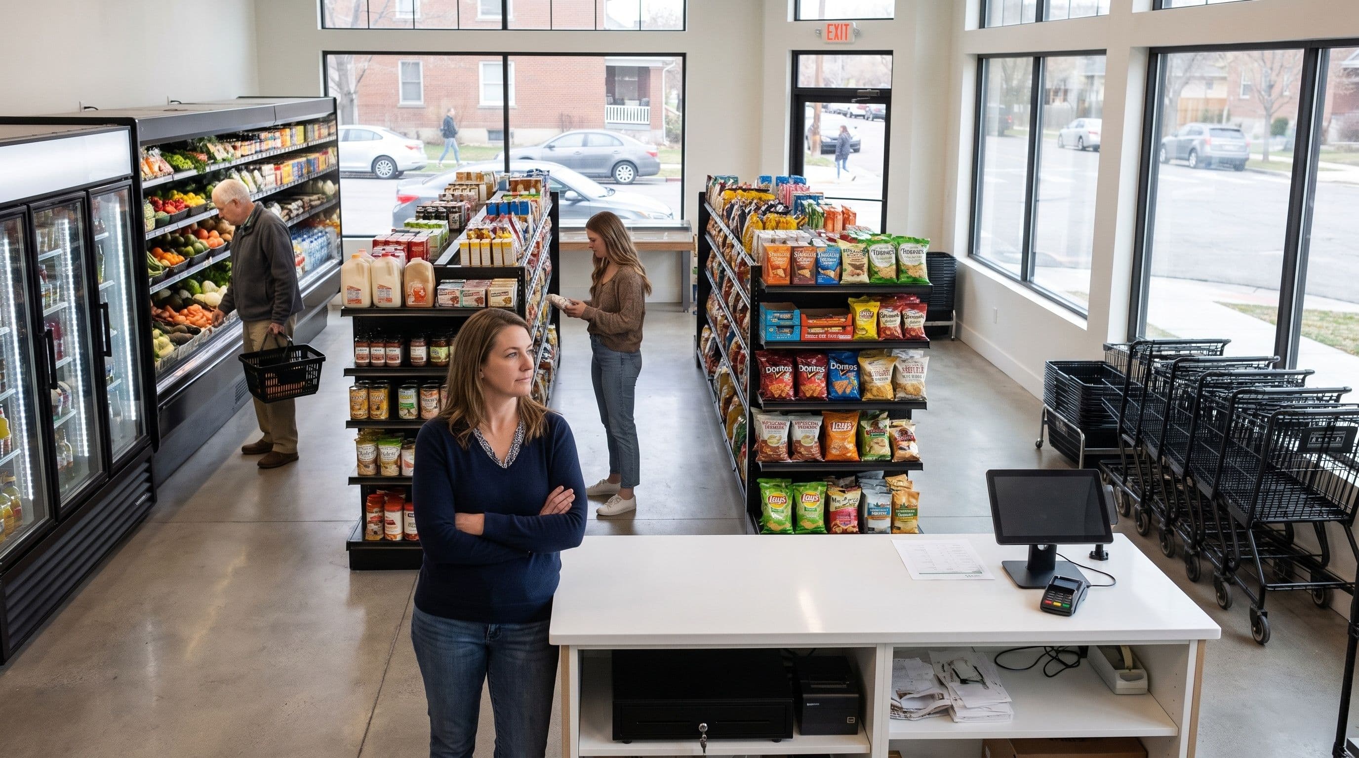 A woman stands by a checkout counter in a grocery store while two people shop in the aisles