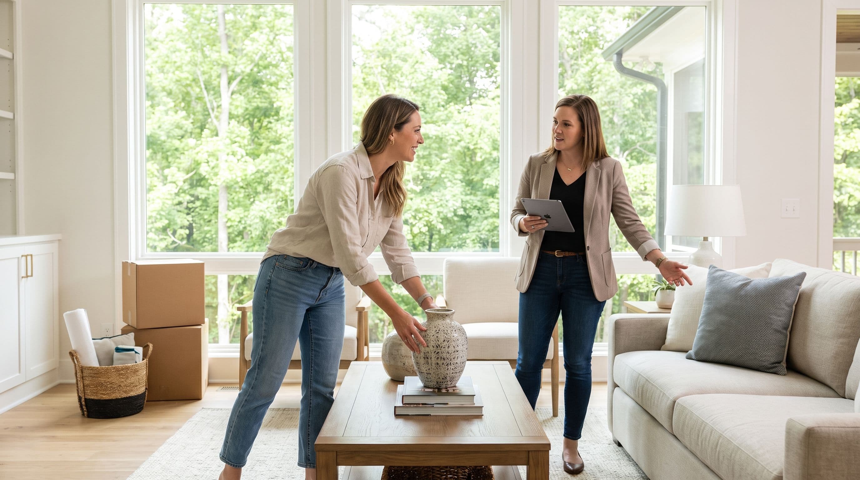 Two women in a brightly lit living room arrange decor on a wooden coffee table near a couch and windows