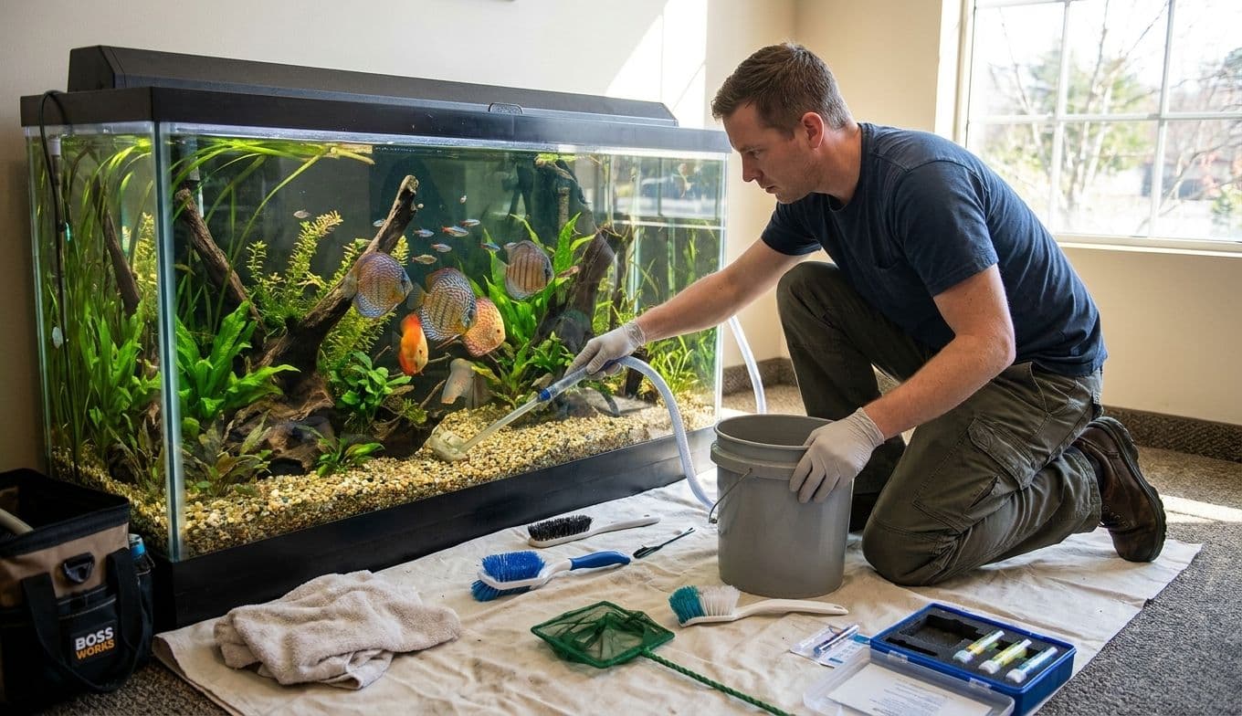 A man in a blue shirt cleans a large fish tank, holding a siphon hose over gravel next to a bucket and scattered tools.