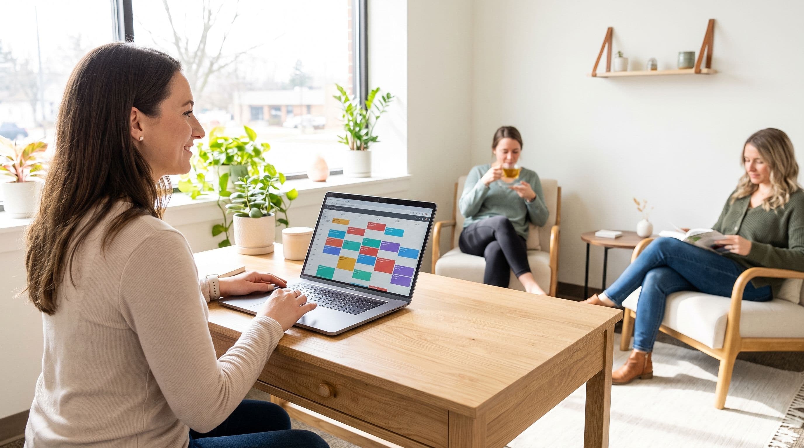A woman works on her laptop at a wooden desk while two women sit in armchairs in a bright wellness studio