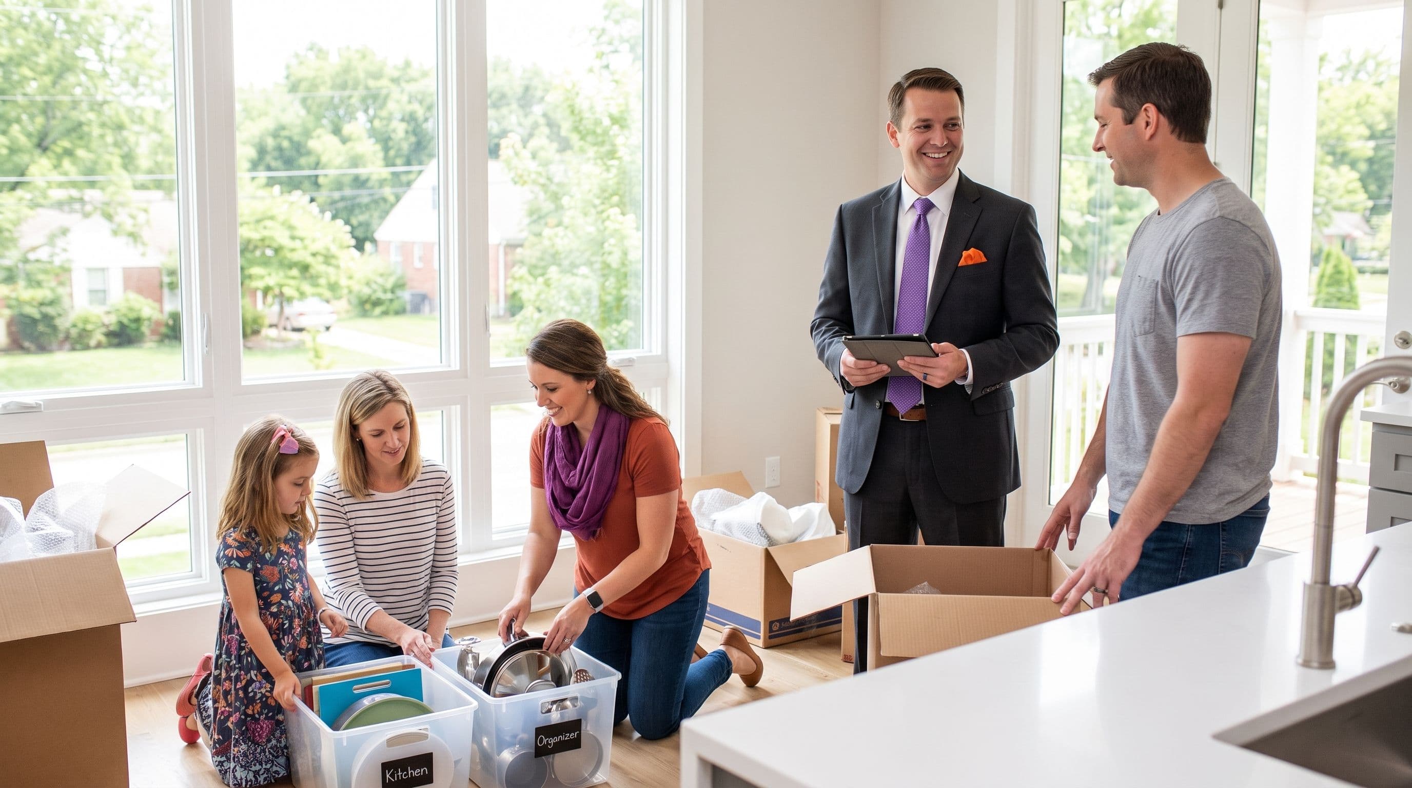 A smiling family unpacks boxes with a home organizer and realtor in a bright, modern room