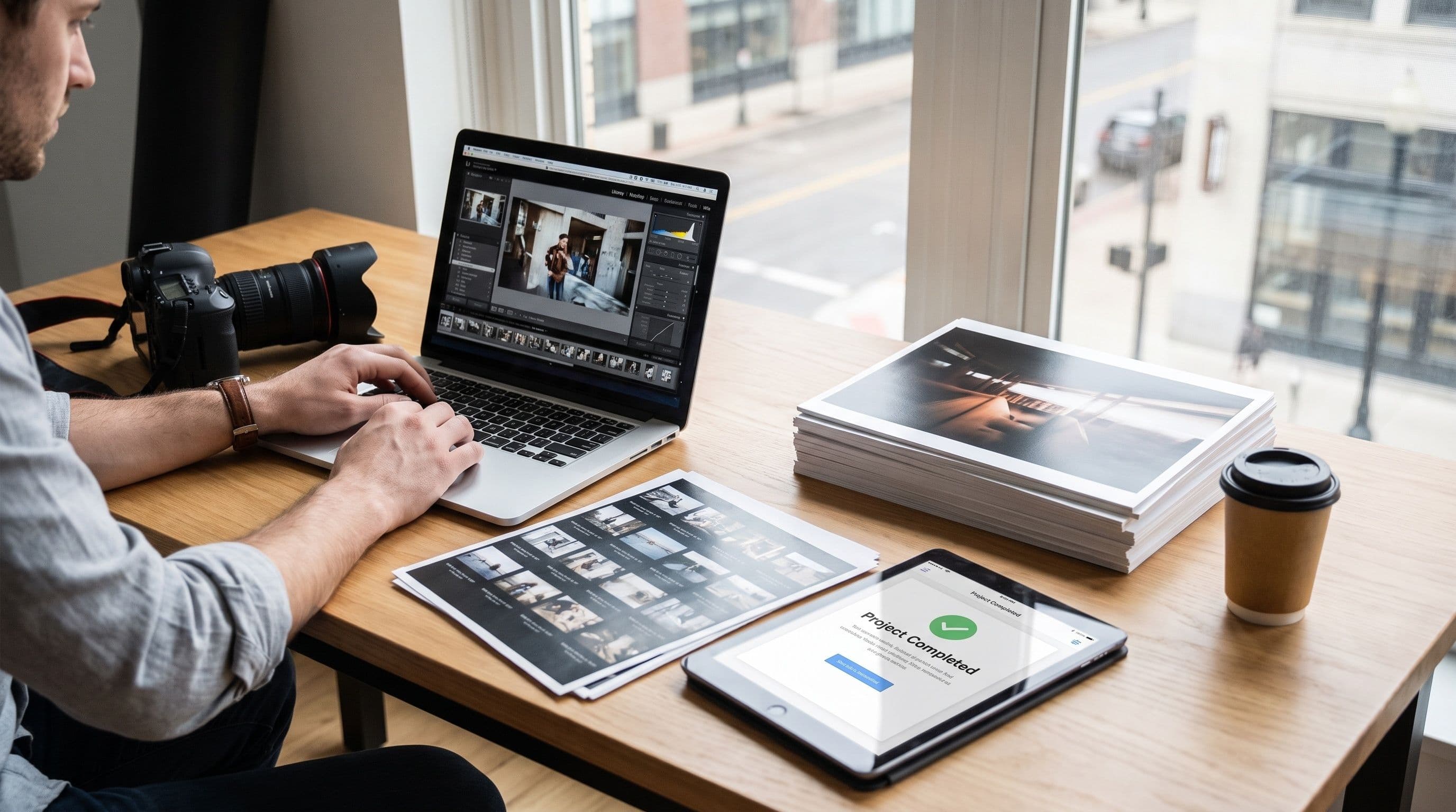 A photographer edits photos on a laptop at a wooden desk with a camera and prints