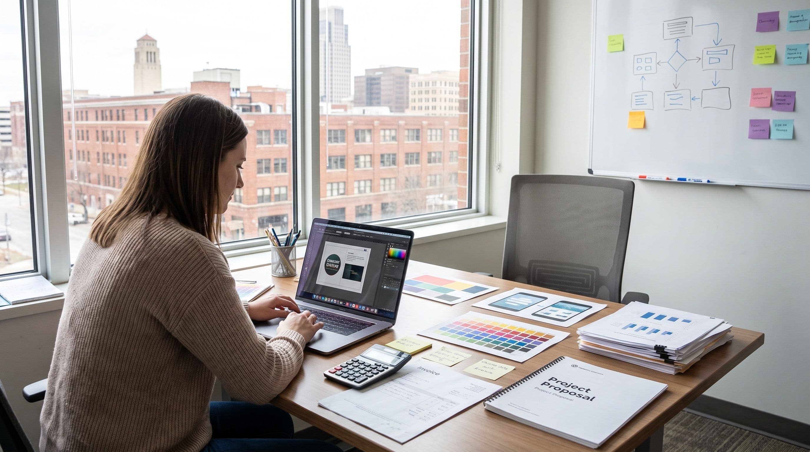 A woman works at a laptop in an Omaha office, surrounded by design tools, color swatches, and a Project Proposal document