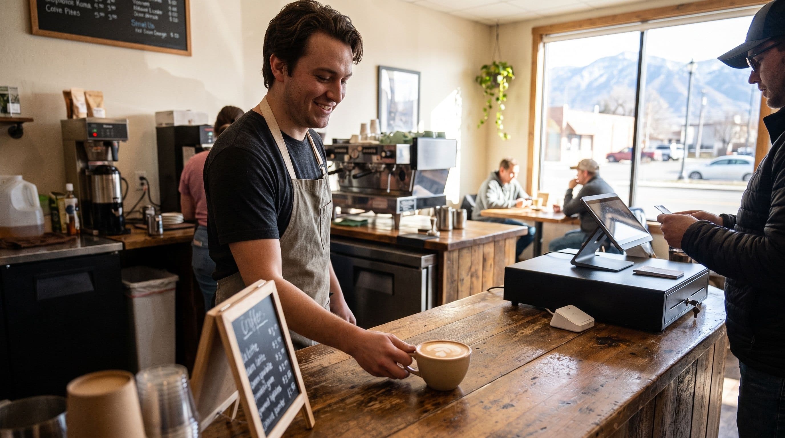 A barista hands a latte to a customer across a wooden counter inside a coffee shop.
