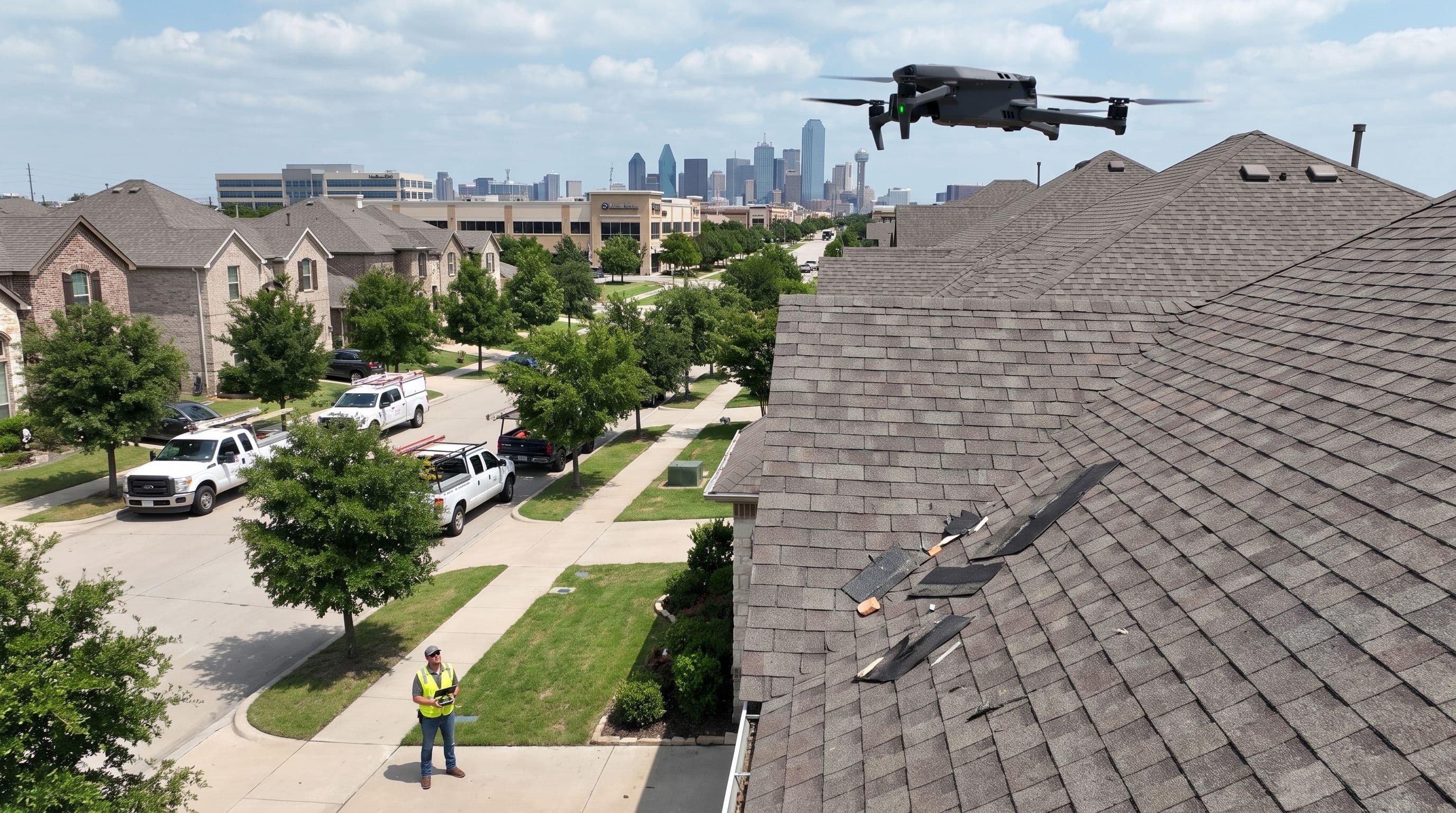 A drone flies over a damaged residential roof in a Dallas suburb while an operator controls it from the ground