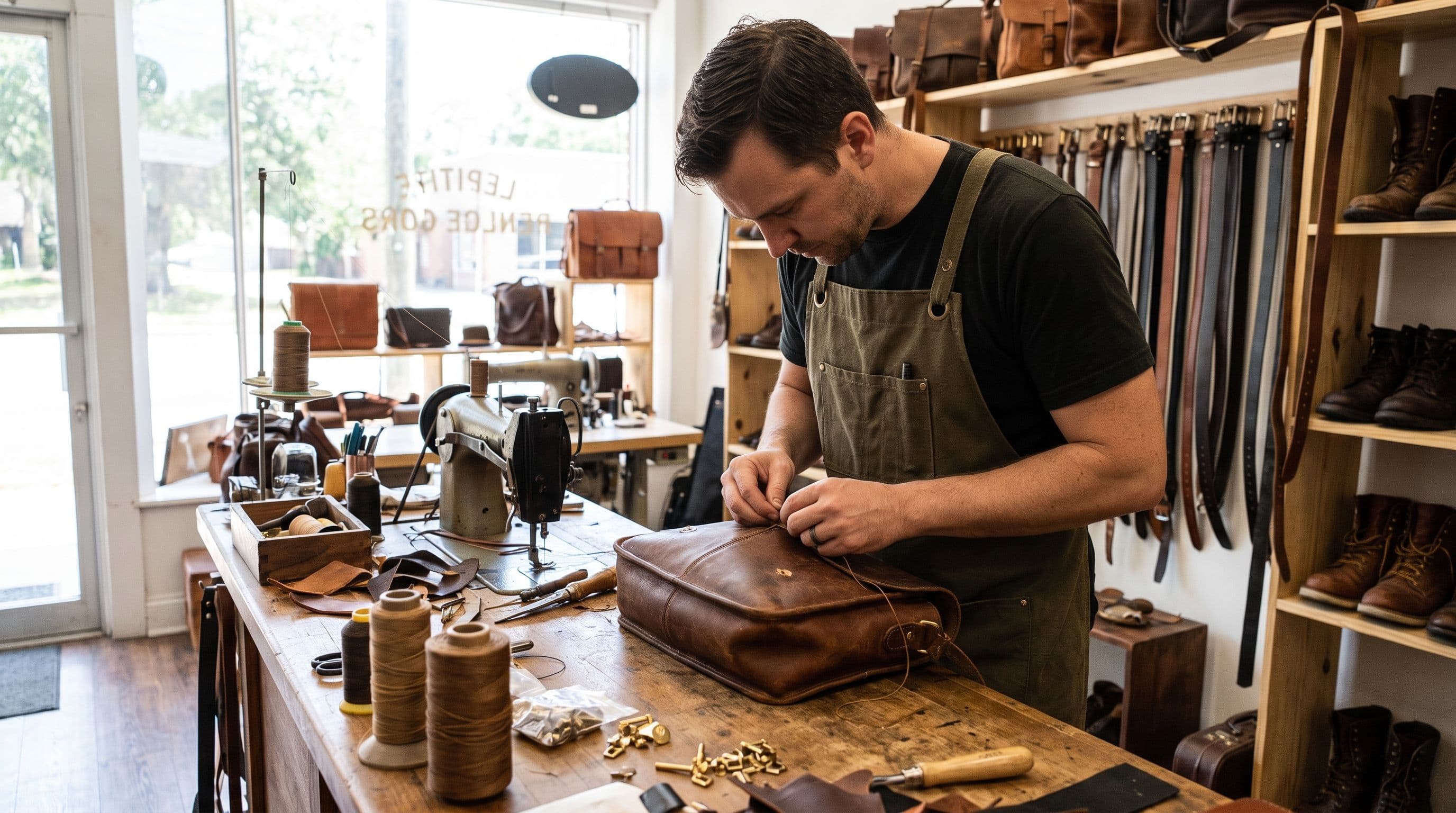 A craftsman wearing a green apron stitches a brown leather bag at a wooden workbench in a repair shop filled with tools, bags, and belts