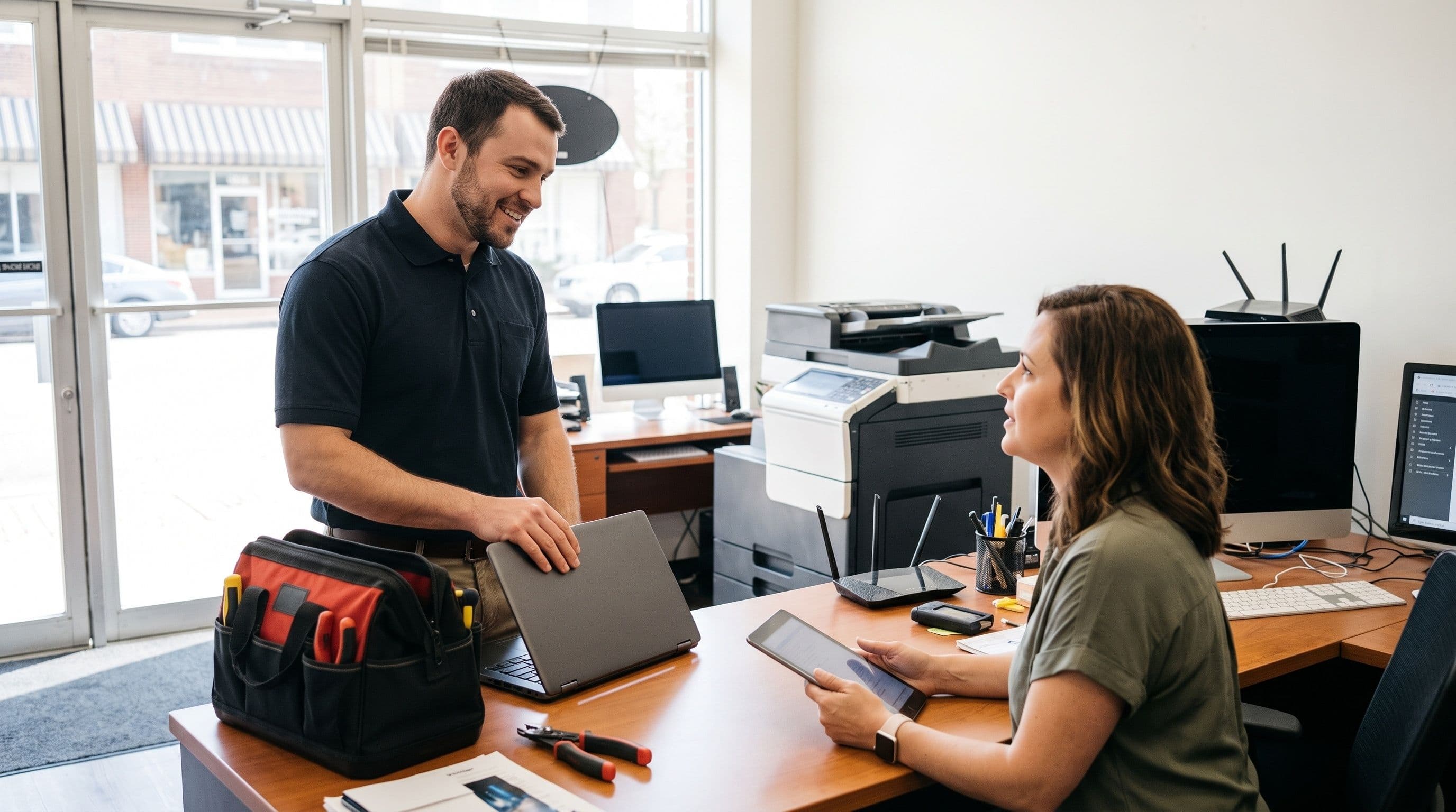 A technician closes a laptop while talking with a woman holding a tablet across a wooden desk in an office