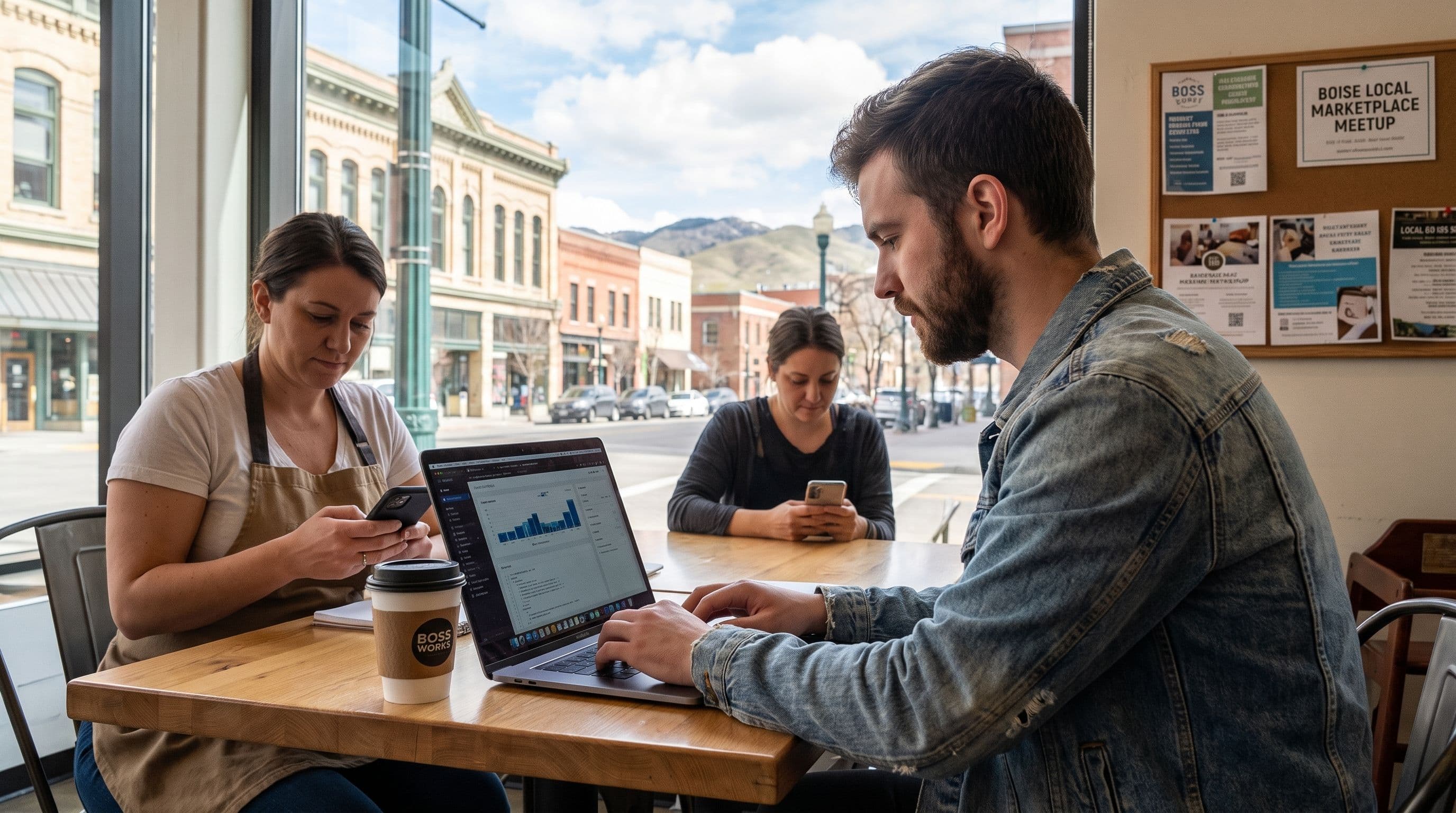 A man in a denim jacket types on a laptop at a cafe table as two women look at their phones nearby.