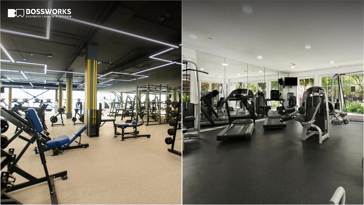 Modern boutique fitness studio with bright equipment and workout space