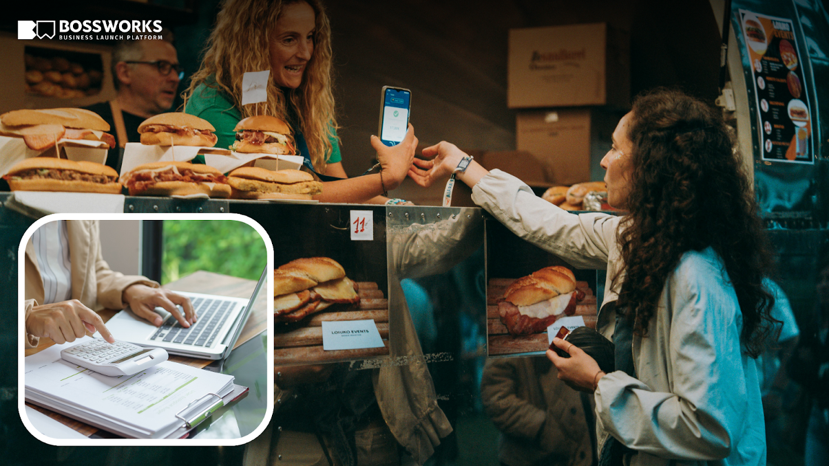 Food truck owner with customers and mobile payment